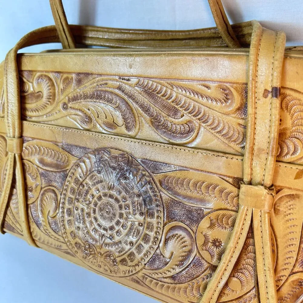 Mexican Tan Leather Rose Detail Tooled Vintage 50-60s Satchel Handbag